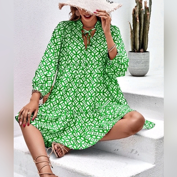 New Preppy Floral Smock Babydoll Ruffle Dress Green White - Picture 4 of 8